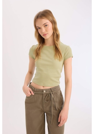 DeFacto Coool Fitted Fitilli Kaşkorse Basic Düz Kısa Kollu Tişört E0287AX25SMGN270 DeFacto Coool Fitted Fitilli Kaşkorse Basic Düz Kısa Kollu Tişört E0287AX25SMGN270