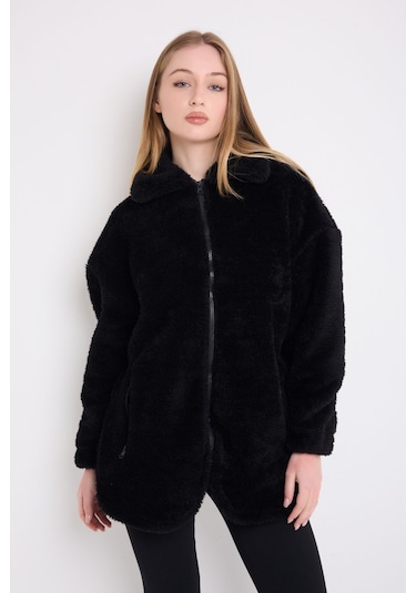 Kadın Siyah Peluş Rüzgar Geçirmez Welsoft Çift Cepli Kışlık Mont Kaban Siyah