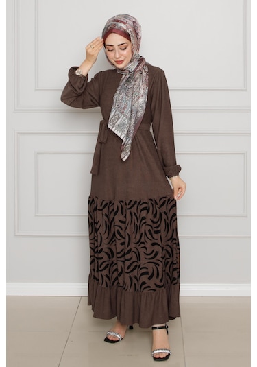 Eteği Desenli Karin Elbise-kahverengi-4271-kahverengi Kahverengi