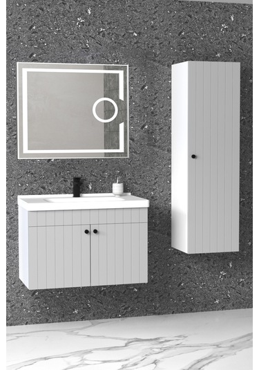 Avien 80 Cm Banyo Dolabı Kiev Led Aynalı Gri - Boy Dolap Dahil Gri