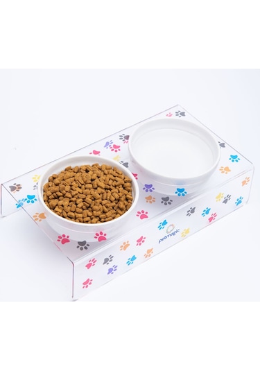 Petmagic Akrilik Pleksi Evcil Hayvan Seramik Kaseli Mama Ve Su Kabı - Pati Baskılı