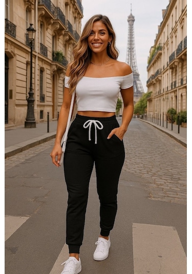 Supplierby Kadın Kısa Kollu Madonna Yaka Viskon Crop Bluz Cepli Iki Iplik Eşofman Takım Siyah