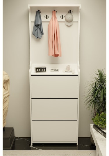 Modus Vestiyer Düşer Kapak Ayakkabılık 3 Raflı Beyaz Beyaz