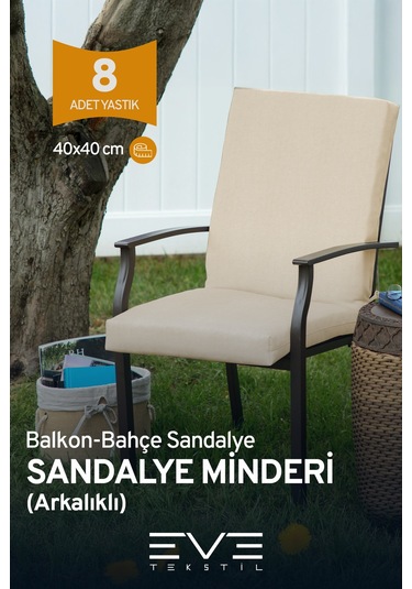 Eve Tekstil Bahçe - Salon - Balkon Arkalıklı Fermuarlı Bağlanabilir Yıkanabilir Sandalye Minderi 8 Adet Krem
