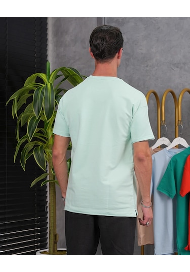 Modefendi Pamuk Likra Yırtmaç Detaylı 2 İplik Oversize Tshirt Su Yeşili