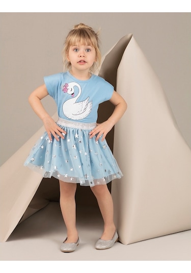 Denokids Mushi Yıldız Kuğu Tüllü Elbise Mavi