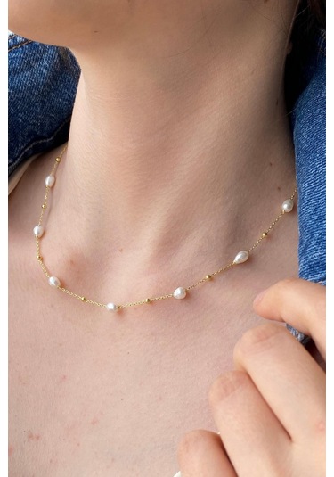 Kadın Dorika Toplu Doğal İnci Kolye Bileklik İkili Set 45 Cm / Sarı Gümüş