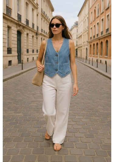 Kadın Cepli %100 Pamuk Açık Mavi Jean Yelek Antrasit