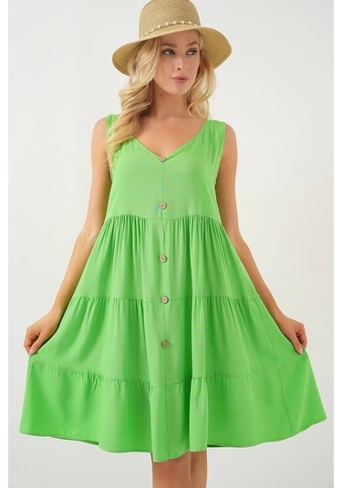 Sıfır Kol Düğmeli Kısa Elbise 2571 - Yeşil Yeşi L
