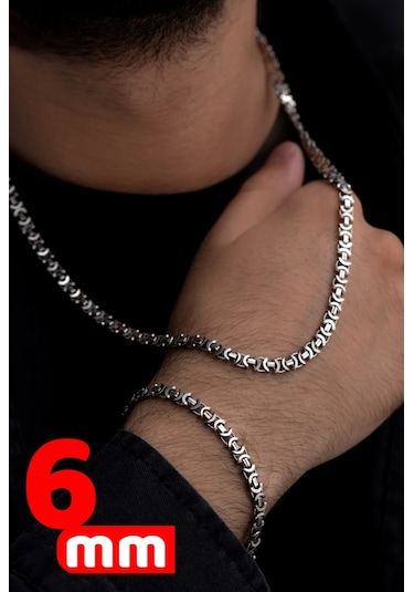 Erkek Gümüş Kolye Bileklik Set - 6mm Euro Kral Zincir Oksitli