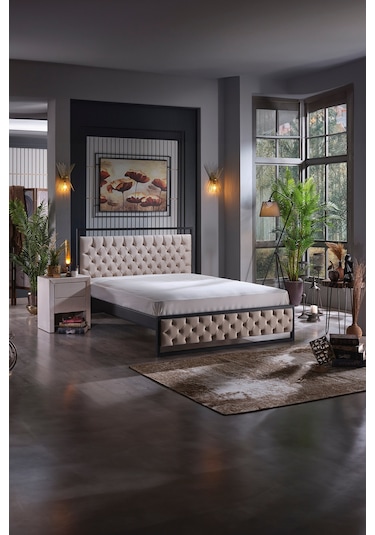 Mithra Çift Kişilik Metal Karyola Krem Ahşap Latalı