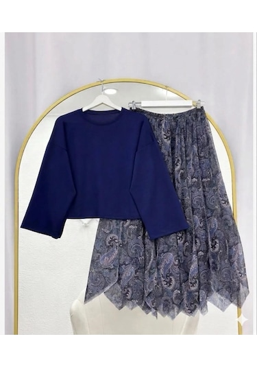 Lovie Moda Basic Bluz Asimetrik Kesim Astarlı Şifon Etekli Takım Lacivert
