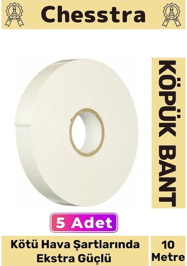 Uzun Ömürlü Süngerli Ultra Yapışkan İç Dış Mekan Çok Amaçlı Çift Taraflı 10 Metre Köpük Bant 5 Adet
