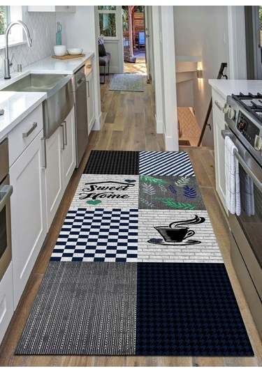 Gri, Mavi Sweet Home, Pamuk Dokuma Taban Mutfak Halısı