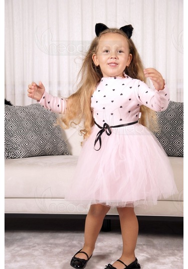 Kız Bebek-çocuk Uzun Kollu Doğum Günü Ve Özel Günler İçin Kalpli Tüllü Astarlı Elbise Pembe