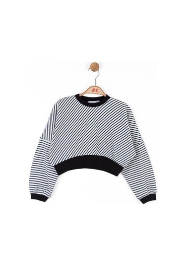 Kız Çocuk Pamuklu Çizgili Crop Sweatshirt-14715 Siyahbeyaz