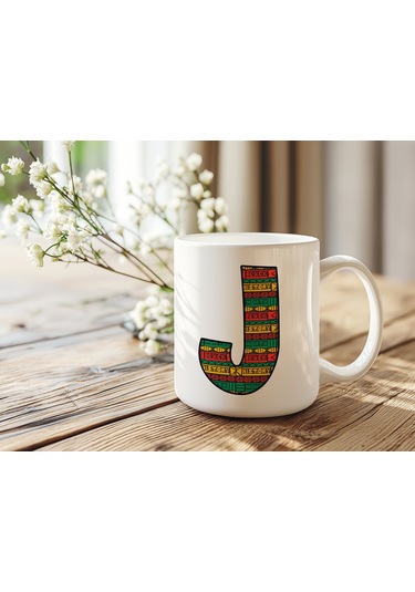 J Harfi Etnik Desenli Kupa - Afrika Tarzı Kahve Çay Kupası - Hediyelik - Black History Beyaz