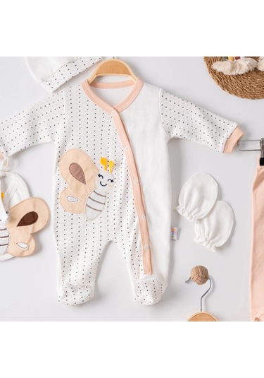 3 Ay Kelebek Nakış Tulumlu Erkek Bebek 5'li Set Kahverengi Kahverengi