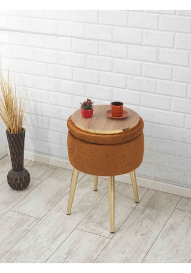 Bella Metal Ayaklı Puflu Teddy Kumaş Sehpa Altın Turuncu Gold Orange