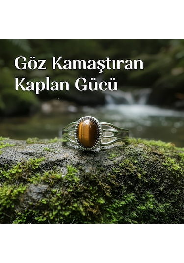 Kaplan Gözü Taşı Çelik Yüzük - Kararmaz Renkli
