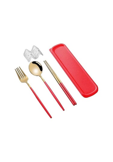 Novahub Kırmızı Altın Sofra Takımı Seti Kore Tarzı Toz Geçirmez Paslanmaz Çelik Çubuklarını Çatal Kaşık Yemek Takımı 3 Kırmızı Altın Kırmızı Altın