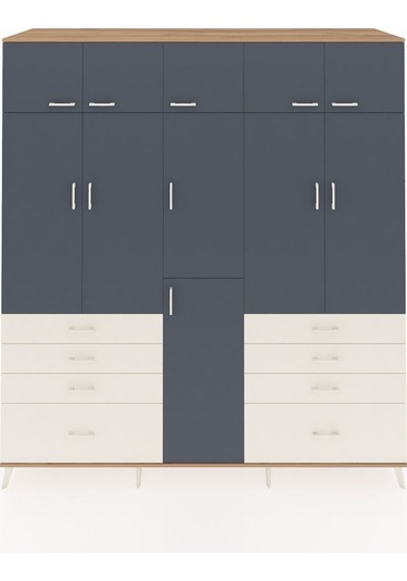 Kronos Dolap 8 Raflı 8 Çekmeceli 3 Askılı 220x59x243 Çam-antrasit/aytaşı Antrasıt/aytası