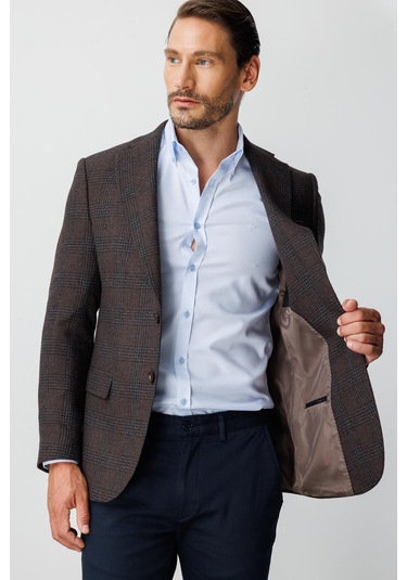 Erkek Kahve Regularfıt / Rahat Kalıp Mono Yaka Ceket-20010 Kahverengi