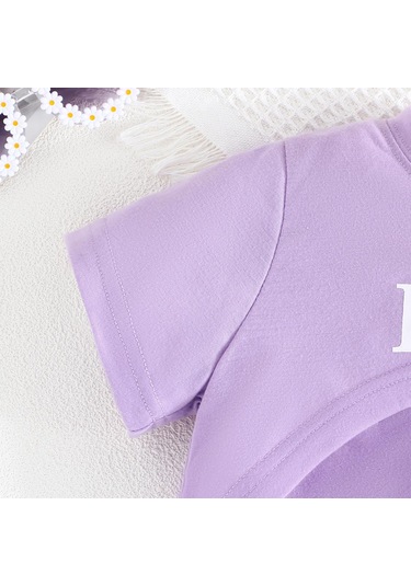 2-7 Yaş Çocuk Takımı Yaz Yeni Tatlı 2 Parça Günlük Hanım Tarzı Kısa Kollu Kayık Yaka Üst + Kelebek Baskılı Askılı Etek Mor