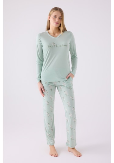 Arnetta 3062 Uzun Kol Kadın Pijama Takımı Yeşil