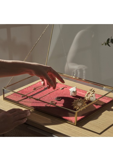 Kadife Tabanlı Cam Kutu Takı, Aksesuar, Sunum Kutusu Pirinç