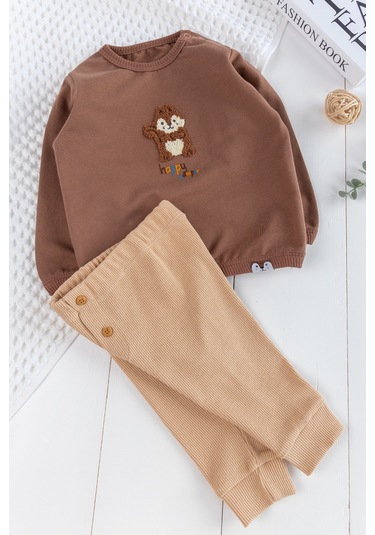 Figürlü 2'li Erkek Bebek Takım Alt Üst Bebek Takımı Kahverengi