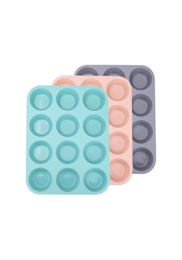 Ximistore9 3 Adet Silikon Muffin Kalıbı 12'li, Kaymaz, Normal Boyut - Muffin, Tart, Ekmek Yapımı İçin Mavi - Pembe - Gri