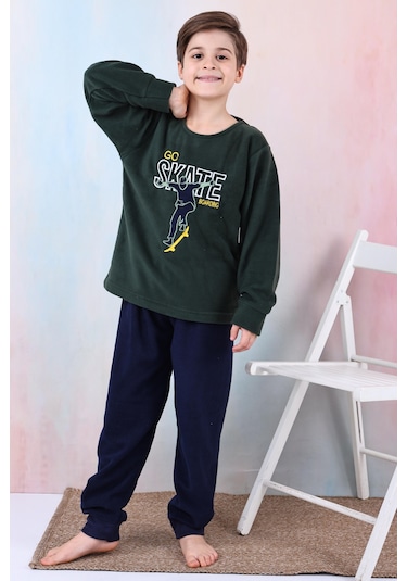 Yeni Sezon Sonbahar/kış Erkek Çocuk Skate Desenli Polar Pijama Takımı 4515 Haki Yeşili