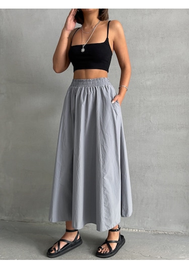 Kadın Beli Lastikli Dokuma Kloş Etek Gri