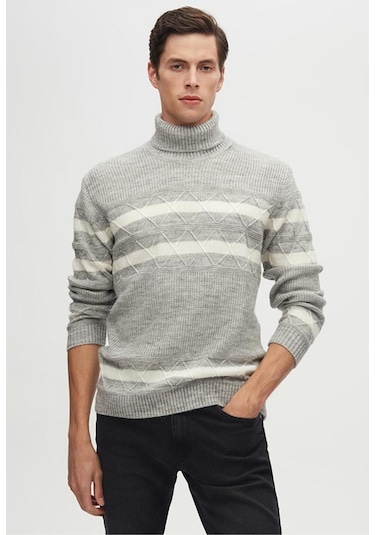 Ds Damat Regular Fit Gri Melanj Çizgili Tüylenme Yapmayan Tam Balıkçı Yaka Triko Kazak 3hc0618ortckzk Gri Melanj