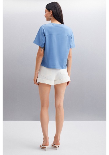 GRIMELANGE Lottıe Kadın %100 Organik Pamuklu Regular Kalıp Bisiklet Yaka Basic Kısa Kollu Indigo T-shirt Indigo