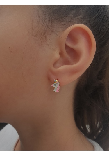 925 Ayar Gümüş Altın Kaplama Pembe Unıcorn Çocuk Küpesi