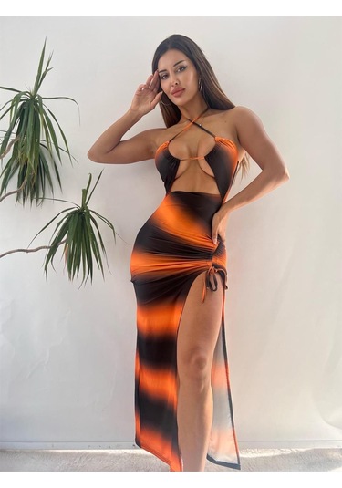 Turuncu Siyah Degrade Desen Derin Yırtmaçlı Göğüs Dekolteli Midi Elbise