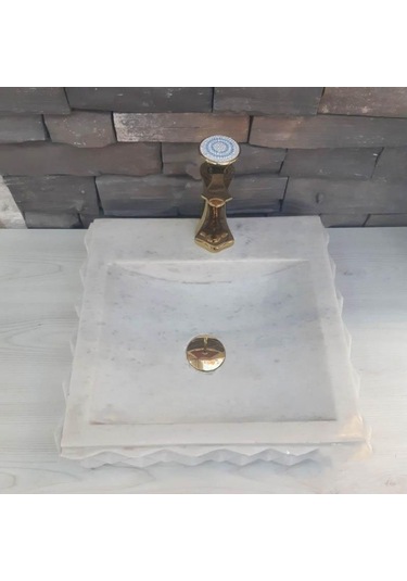 Beyaz Mermer Piramit Dizayn Kare Lavabo - Batarya Çıkışlı