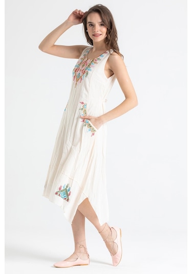 Kolsuz Şile Bezi Antik Nakışlı Midi Boy Elbise Krem Krm-krem
