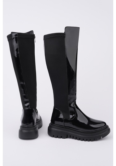 Muggo Nerox Kalın Taban Streç Detaylı Fermuarlı Kadın Çizme SİYAH RUGAN