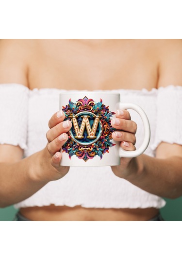 W Harfi Boho Bardak, Renkli Özel Tasarım Hediyelik Harfli Kupa, 330ml Porselen Beyaz