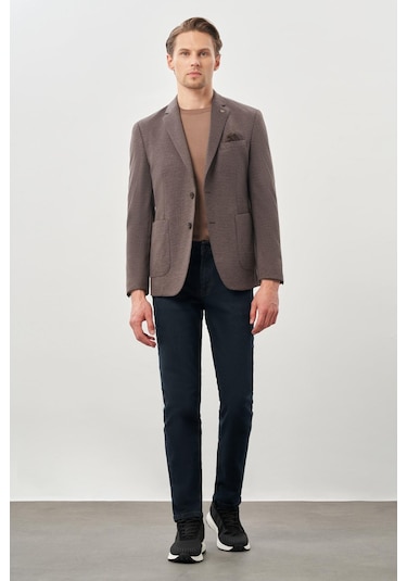 Koyu Kahverengi Kazayağı Desen Örme Mono Yaka 2 Düğme 6 Drop Slim Fit Classic Ceket 1002245166 400 Koyu Kahverengi