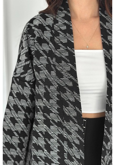 Kazayağı Desenli Kimono Siyah Siyah
