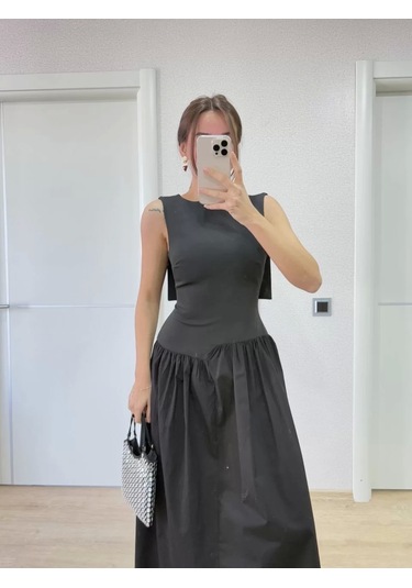 Krep Arkası Kanat Arka Ön Pens Detaylı Uzun Kadın Elbise - Siyah Siyah