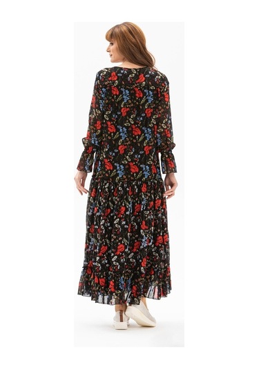 Uzun Kol Vual Gonca Uzun Elbise Gelincik Desen Siyah