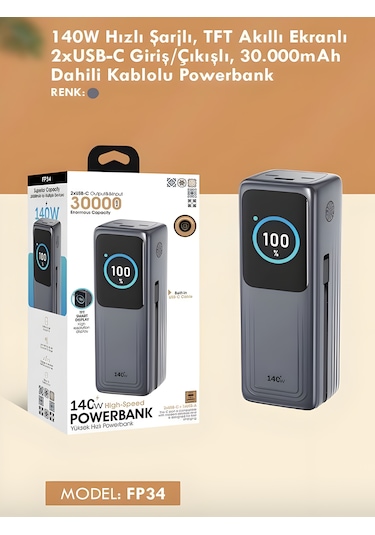 30000mah 140w Hızlı Şarjlı Tft Ekranlı Kendinden Type-c Kablolu 2type-c 1usb Girişli Powerbank siyah