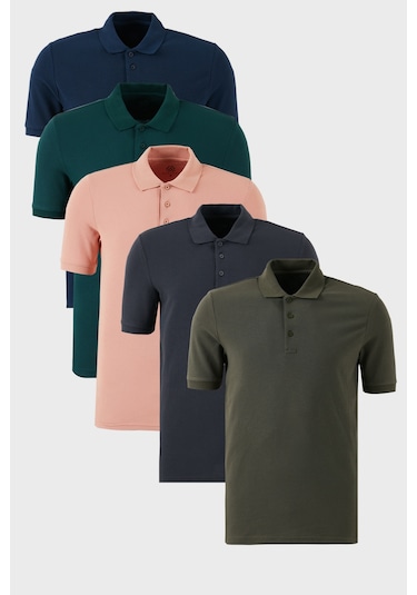 Buratti Pamuklu Regular Fit Düğmeli Polo Yaka 5'Li Paket Erkek T Shirt 5902127S5 Antrasit-Haki-Indigo-Yeşil-Pudra
