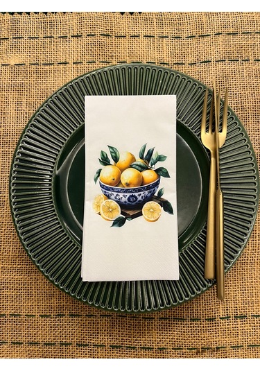 Mavi Beyaz Kase Limon Baskılı Sunum Peçetesi Beyaz 16 Adet