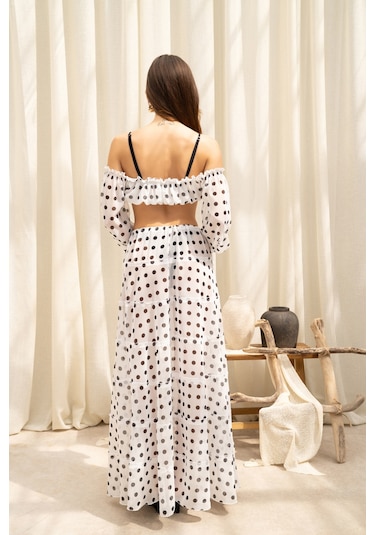 Mai Collection Samos Puantiyeli Ekru Crop Etek Takım